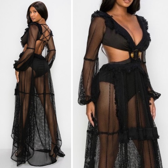 🌺 SHEER MAXI DRESS LONG SLEEVE RUFFLE LACE BLACK BACKLESS CHIC SEXY ELEGANT - Picture 7 of 8
